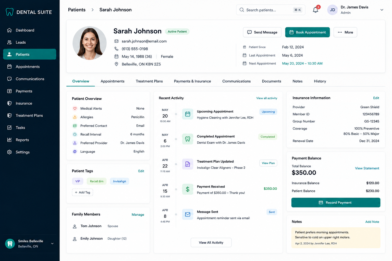 Dental Suite CRM demo, with sensitive business information blurred