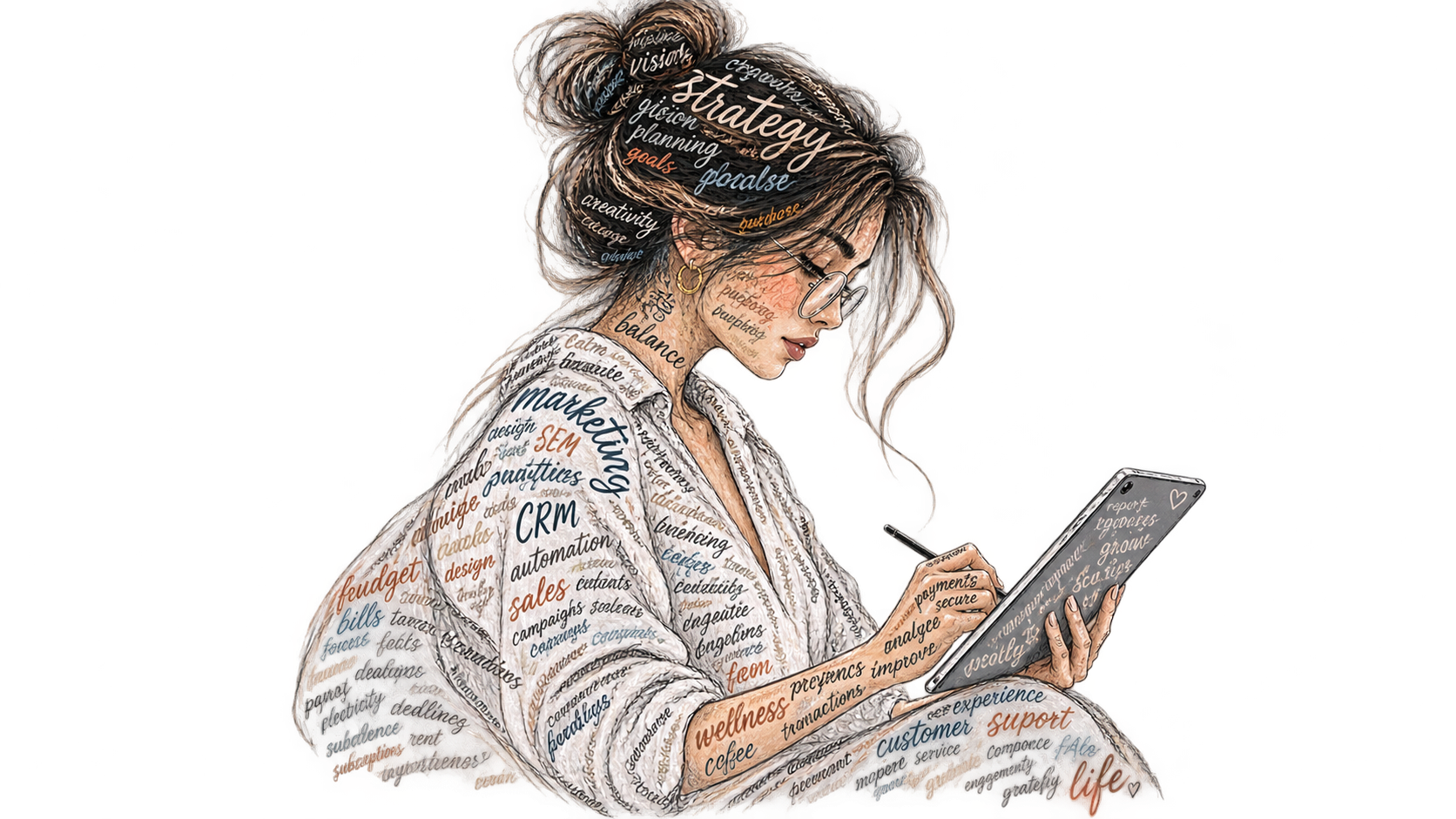 Illustration of a business owner managing every part of her business